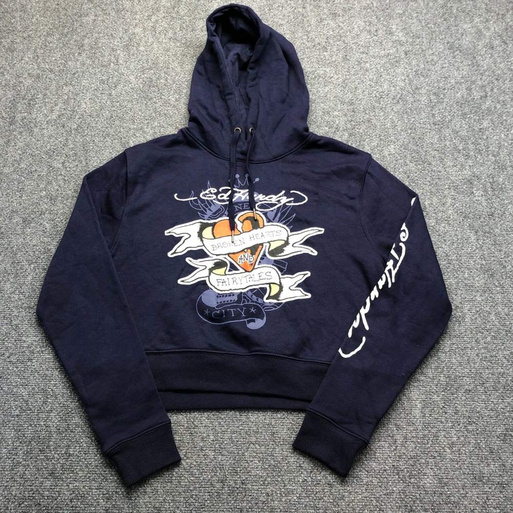 Ed Hardy Womens Navy Blue Cropped Hoodie Broken Hearts Fairytales Graphic M